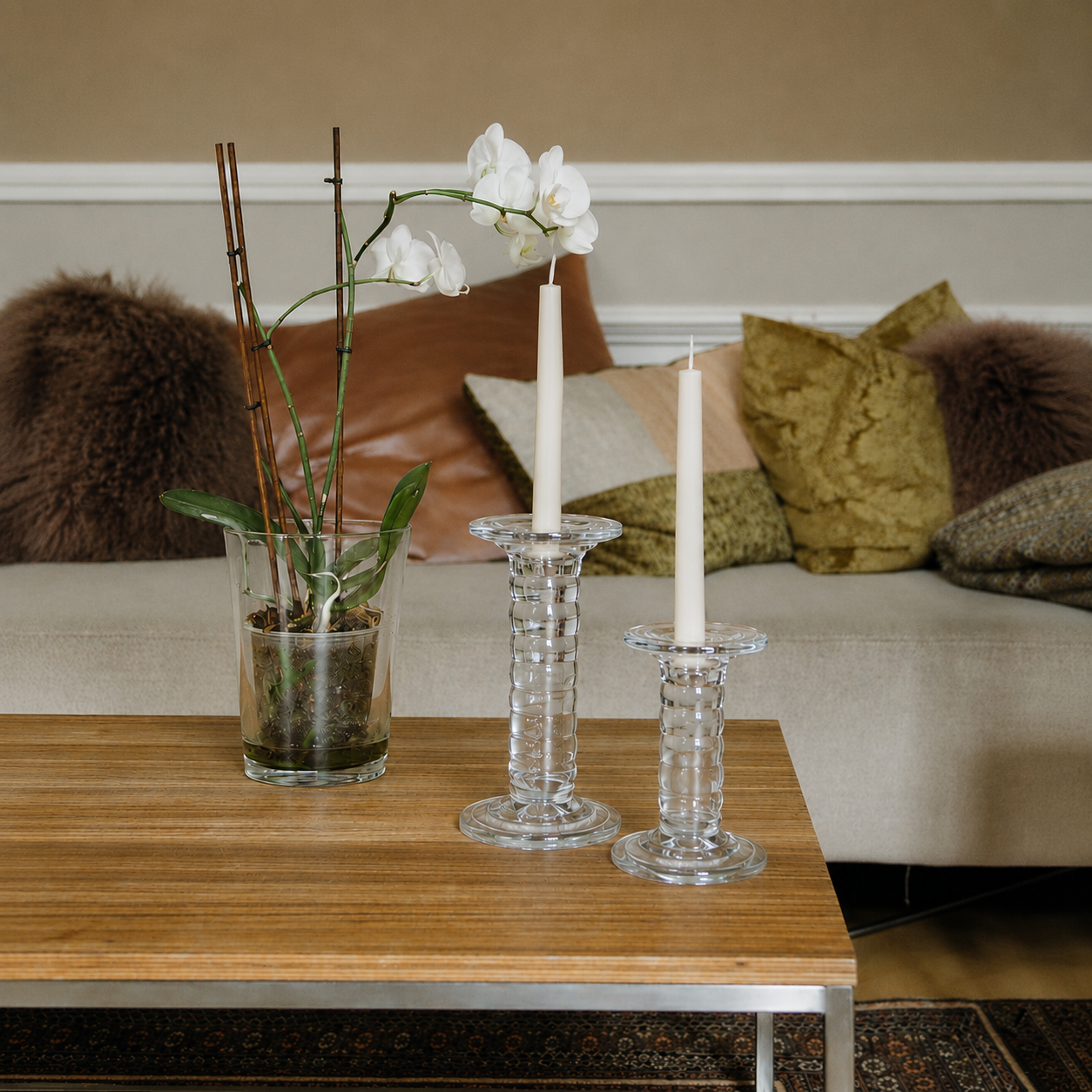 Ribbed Glass Candle Holder Set